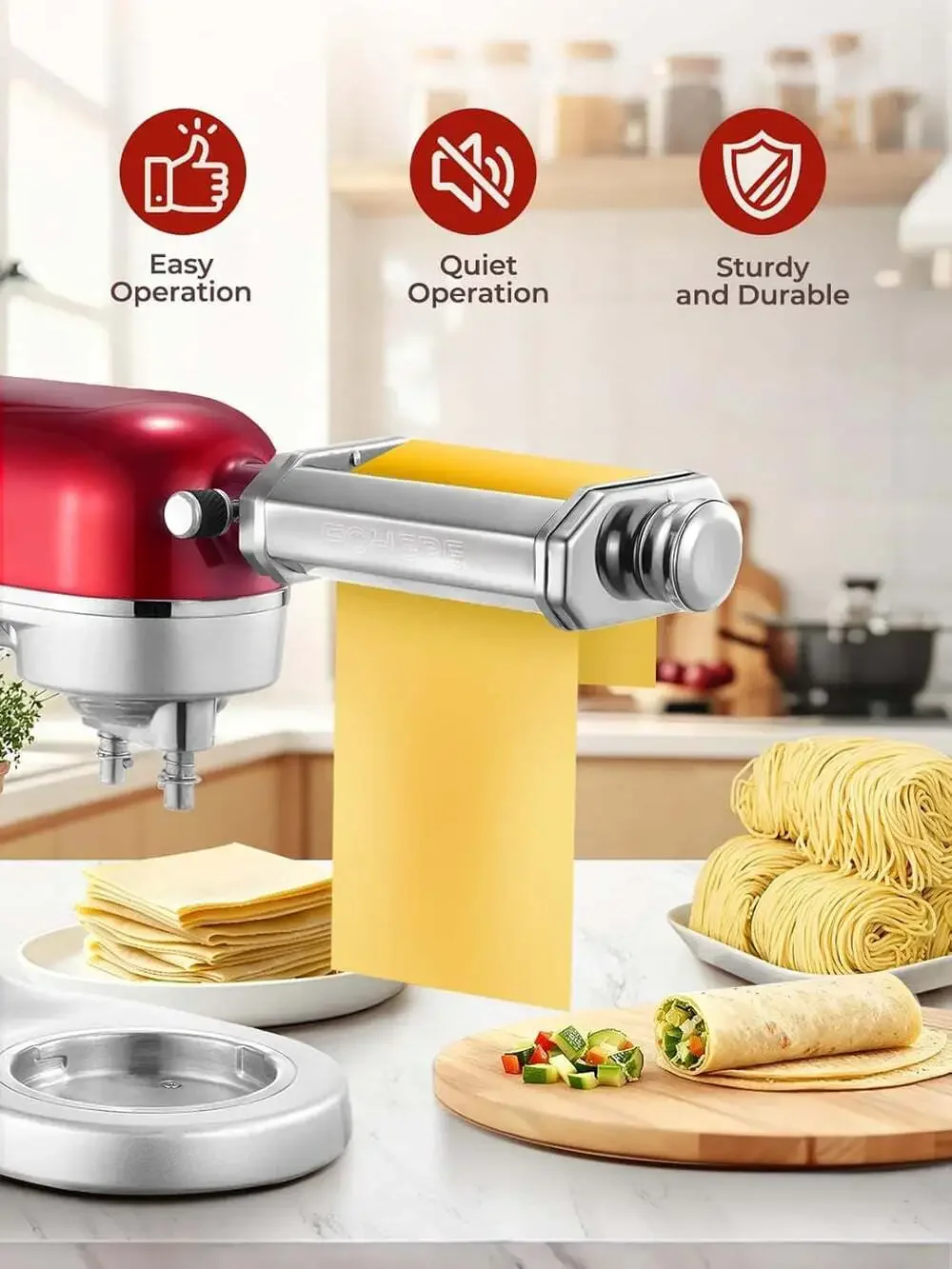 Pasta Roller Attachment for Kitchenaid Stand Mixer, Adjustable Thickness, Pasta